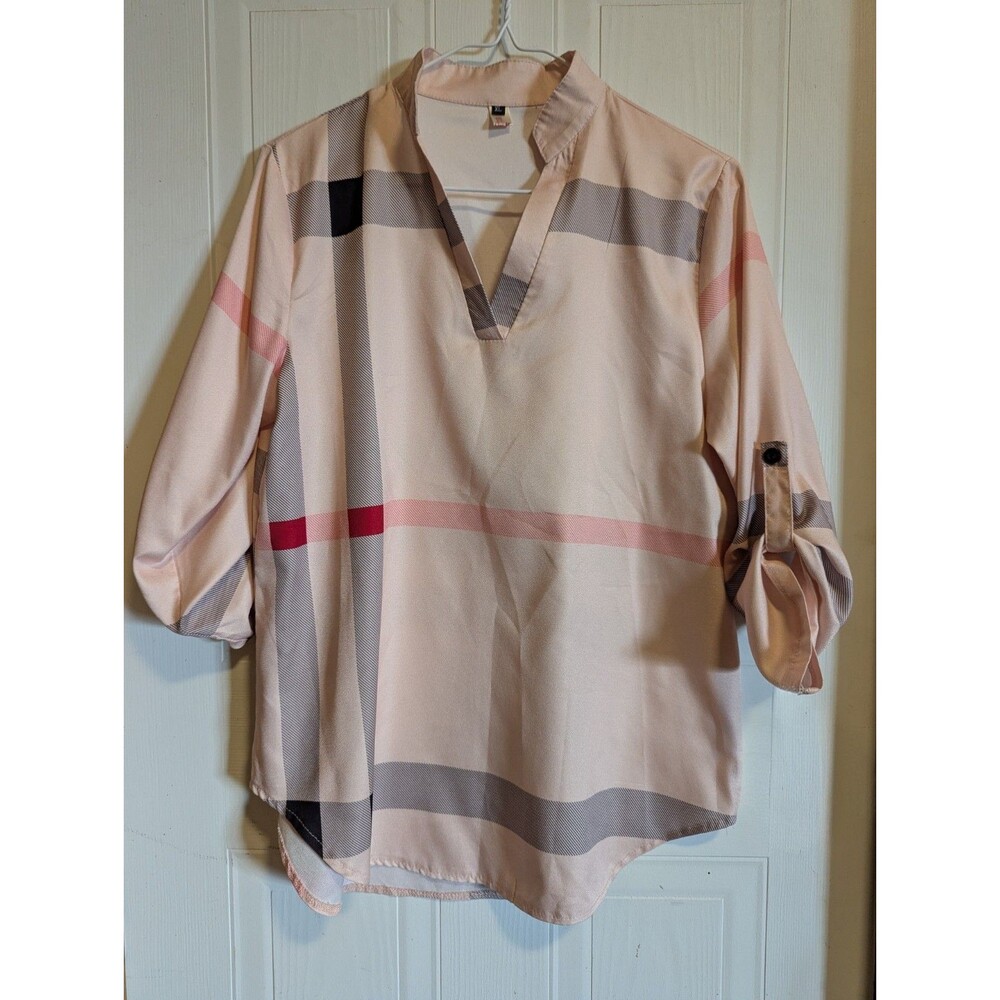 Pink Plaid Collared Tunic Blouse Women's XL 3/4 Sleeve Roll Tab Polyester